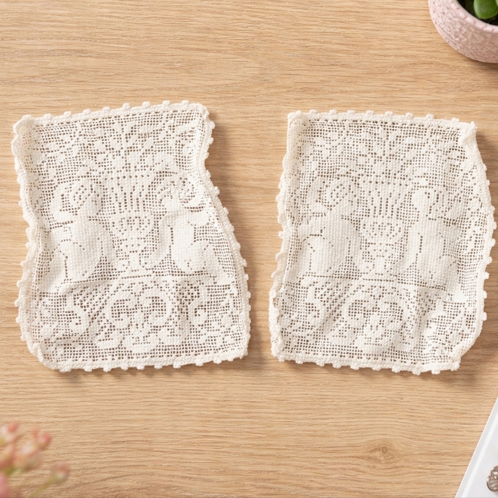 Lot of Two Beautiful French Antique  Handmade Filet Lace squares -Floral design